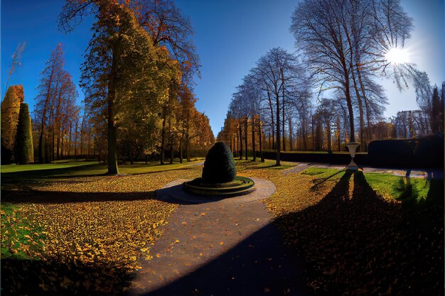 A path in a park with trees and the sun shining on the ground