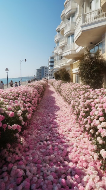 A path of pink flowers with the word " on it "