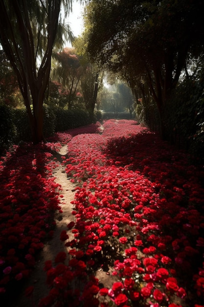 A path of red flowers in a garden