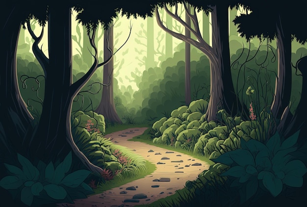 A path runs in the center of a forest with various types of greenery