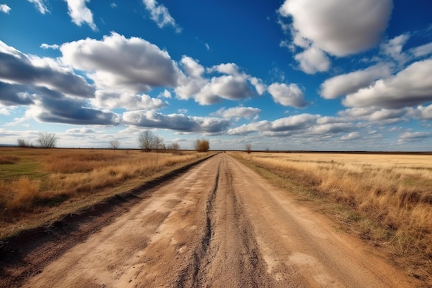 A path on the side of the dirt field is under the blue sky and white clouds High quality photo