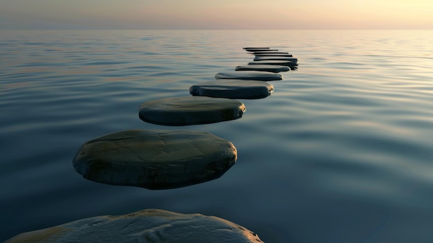 Photo a path of stepping stones over calm waters at sunset symbolizing journey balance and tranquility