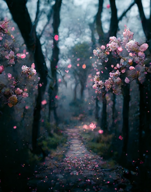 Path surrounded by trees covered in pink flowers generative ai