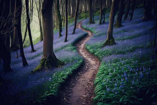 A path through bluebells in the forest