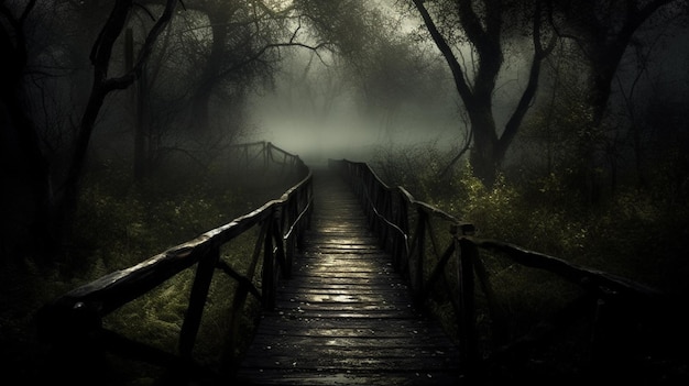 A path through a dark forest with a bridge leading to the left.