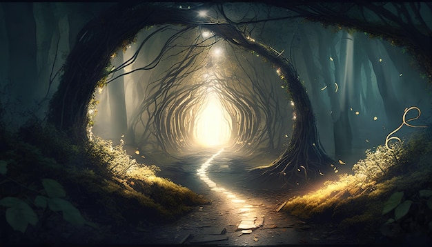 A path through a dark forest with a light at the top