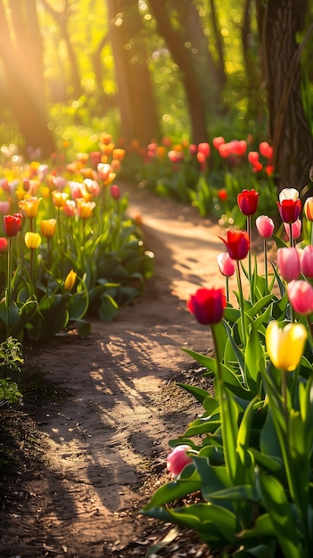 A path through a field of flowers with a sun shining on them