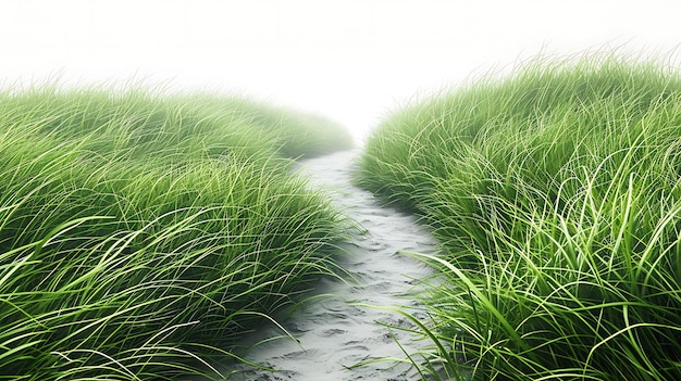 A path through a field of grass with a white background