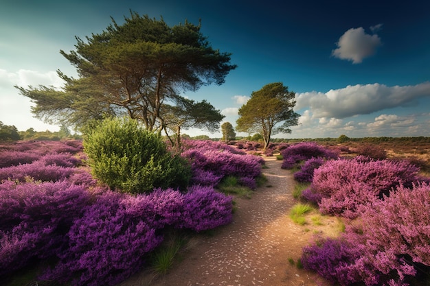 A path through a field of purple flowers