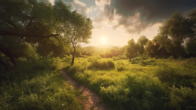 A path through a field of trees with the sun shining through the clouds.