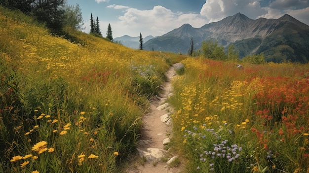 A path through a field of wildflowers with a mountain in the background.