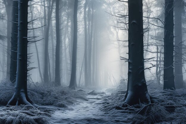 path through a foggy forest with tall trees