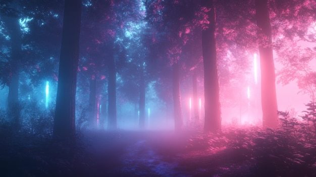 Photo a path through a foggy neonlit forest