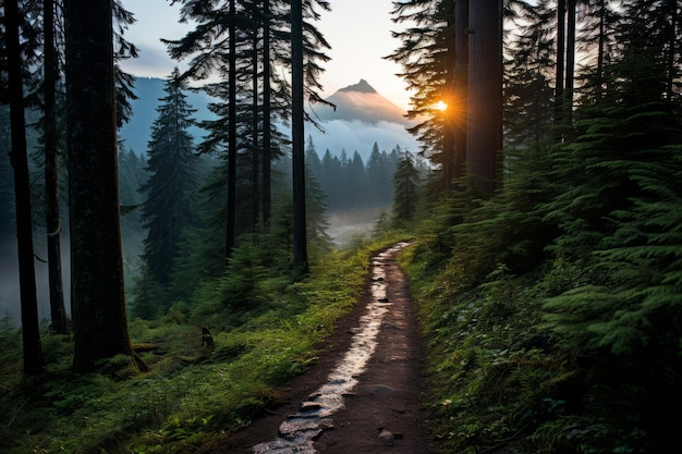 a path through a forest at sunrise