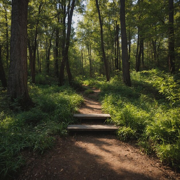 Photo a path through a forest with a bench on it