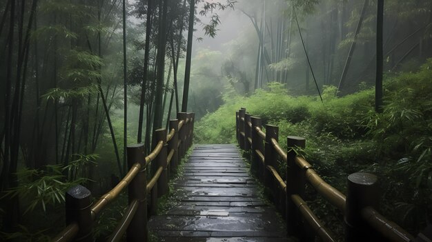 A path through a forest with a fence and trees