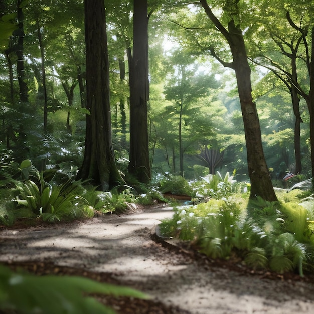 A path through a forest with ferns and trees.