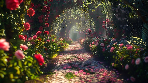 a path through a forest with flowers and a path that says quot wild roses quot