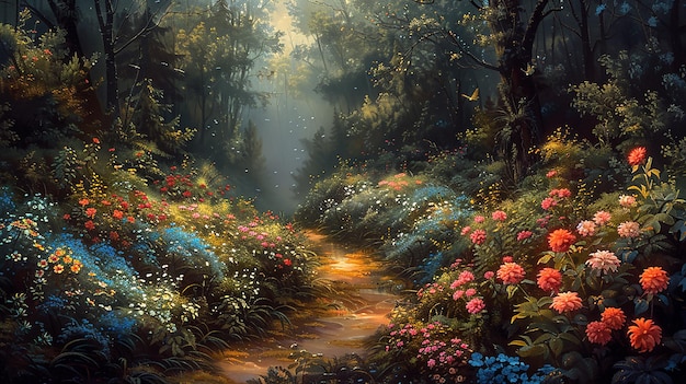 a path through a forest with flowers and a path through it