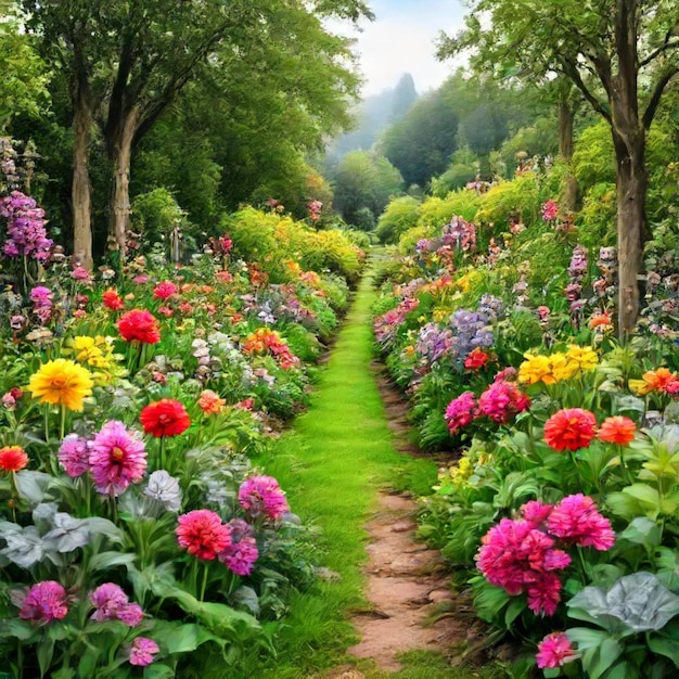 a path through a forest with flowers and trees