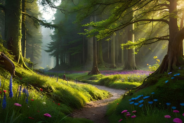 A path through the forest with flowers