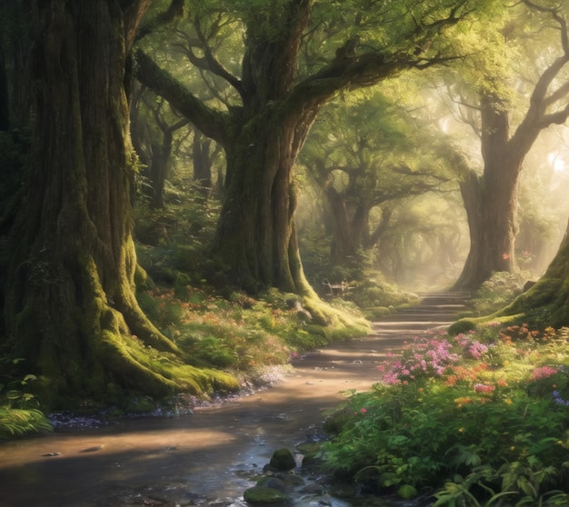 A path through a forest with a forest in the background.