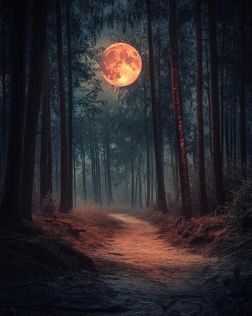 Photo a path through a forest with a full moon in the background