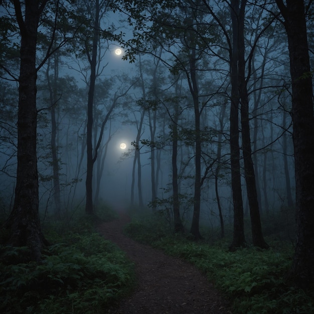 a path through a forest with a full moon in the background