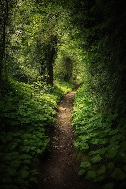 A path through the forest with a green forest and the sun shining on it.