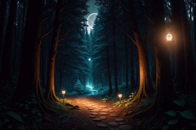 A path through a forest with a lantern on it