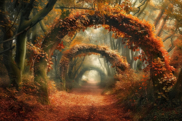 A path through a forest with leaves on the ground