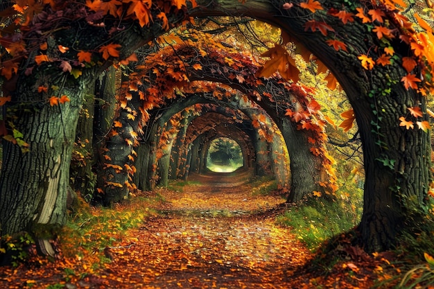 A path through a forest with leaves on the ground