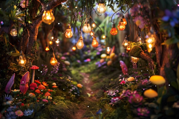 a path through a forest with lights hanging from the ceiling