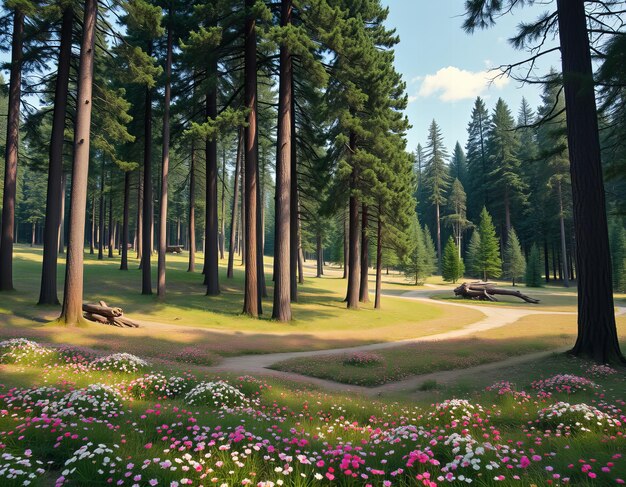 a path through a forest with many trees and flowers