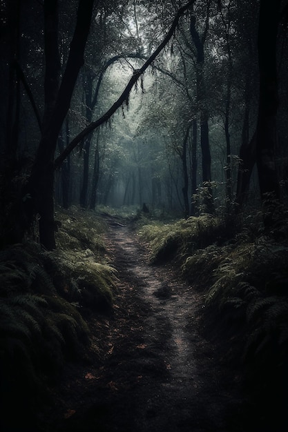 A path through the forest with the moon shining on it.