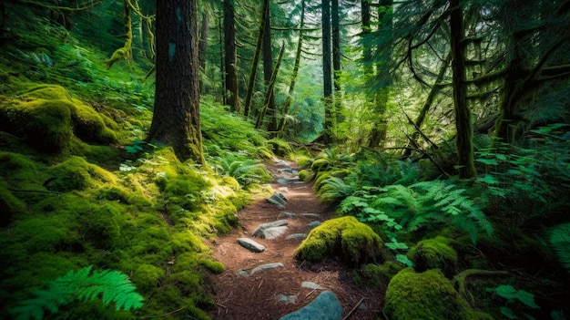 A path through a forest with moss and ferns.