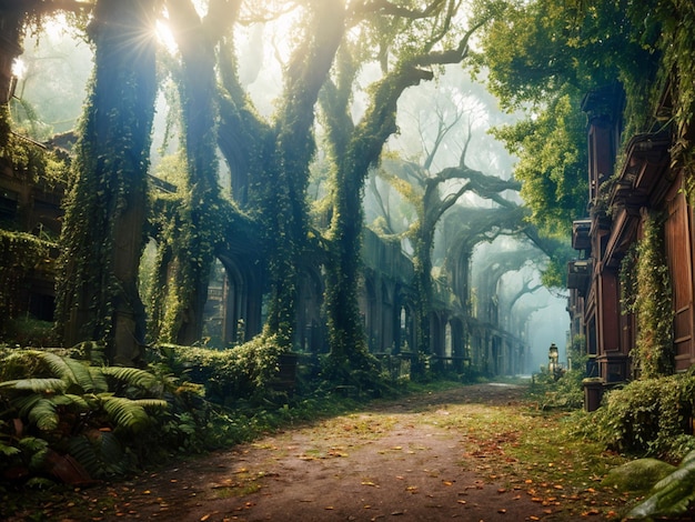 A path through the forest with a path that leads to a castle.