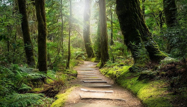 Photo a path through a forest with a path that leads to a forest