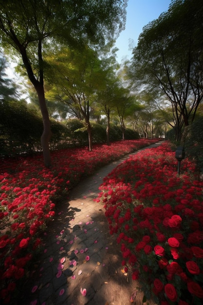 A path through a forest with red flowers and a path that has a path that has red flowers on it.