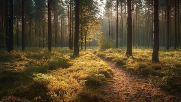 A path through a forest with the sun shining on it