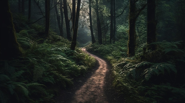 A path through a forest with the sun shining on it.