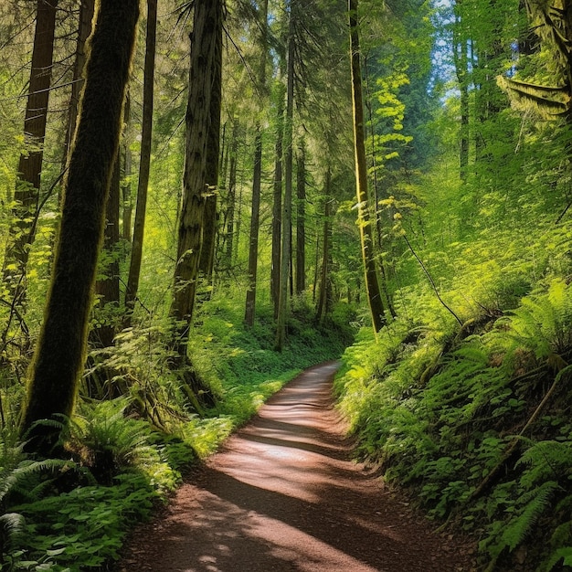 A path through the forest with the sun shining on it.