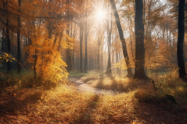 A path through a forest with the sun shining through the leaves