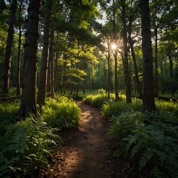 a path through a forest with the sun shining through the trees