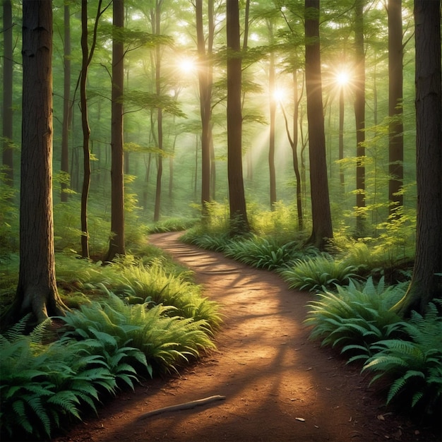 a path through a forest with the sun shining through the trees