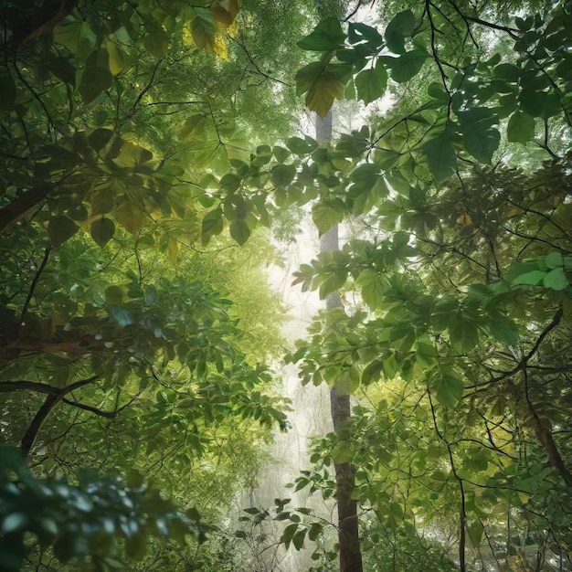 a path through a forest with a sun shining through the trees