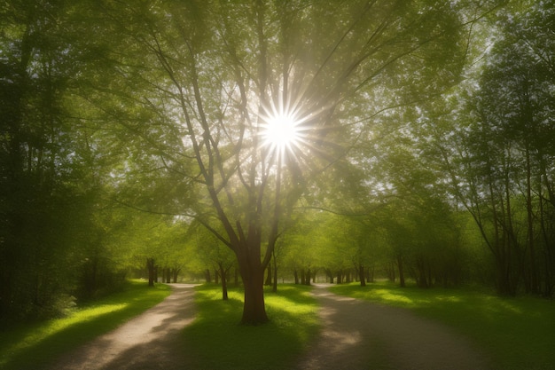 Photo a path through a forest with the sun shining through the trees