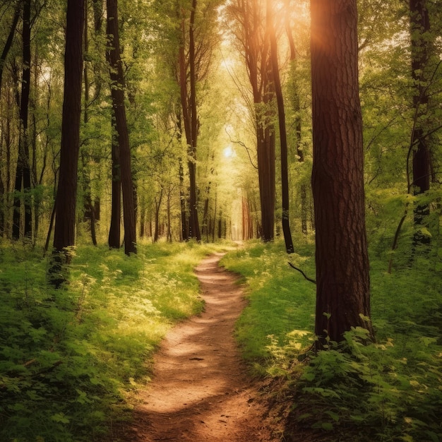 A path through the forest with the sun shining through the trees.