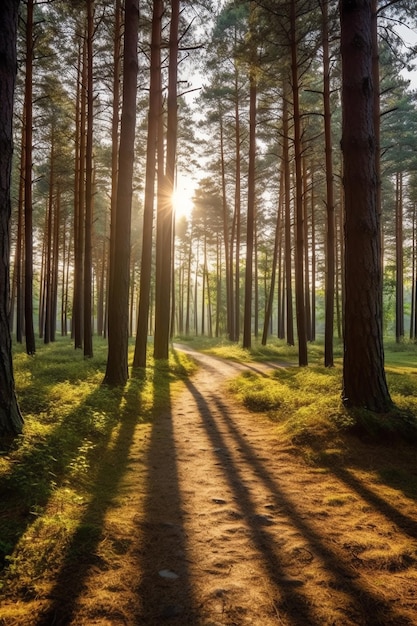 A path through a forest with the sun shining through the trees