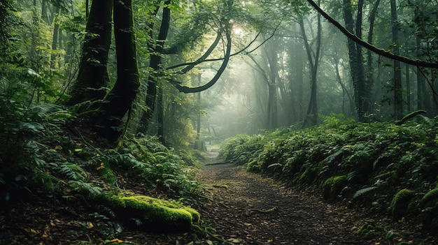 A path through the forest with the sun shining through the trees.